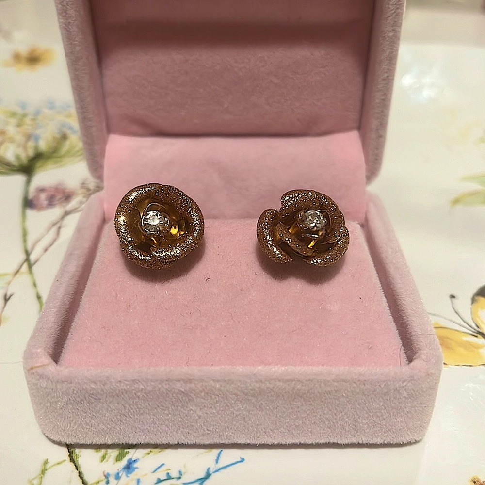 Betsey Johnson Glittered Rose Gold Tone Earrings with Rhinestones price is firm